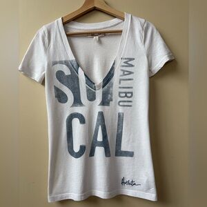 Hollister White and Gray Graphic V-Neck Tee